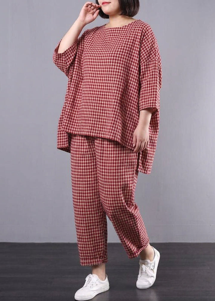Elke - Casual Plus Size Cotton Linen red Plaid Vintage Blouse And Trousers