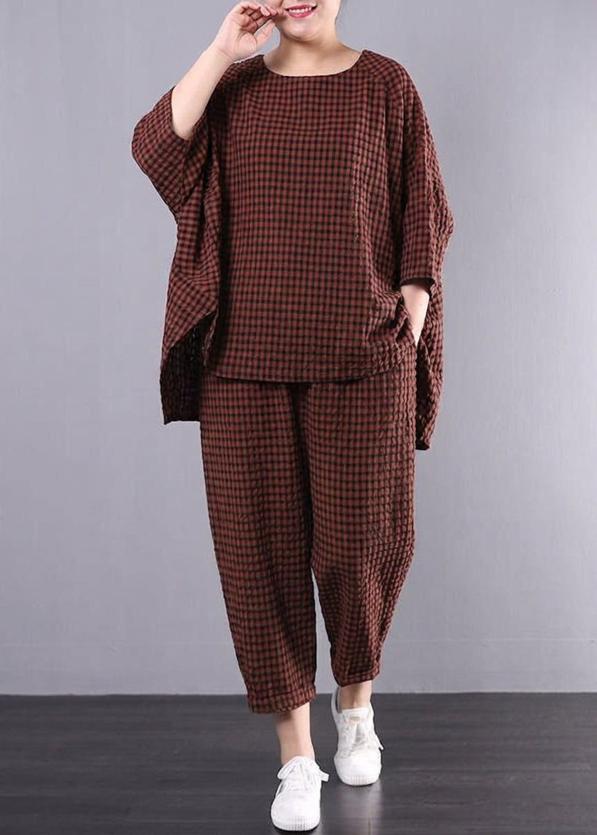 Elke - Casual Plus Size Cotton Linen red Plaid Vintage Blouse And Trousers