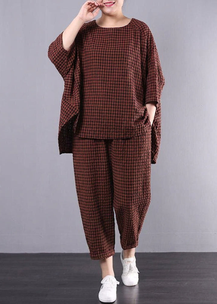Elke - Casual Plus Size Cotton Linen red Plaid Vintage Blouse And Trousers