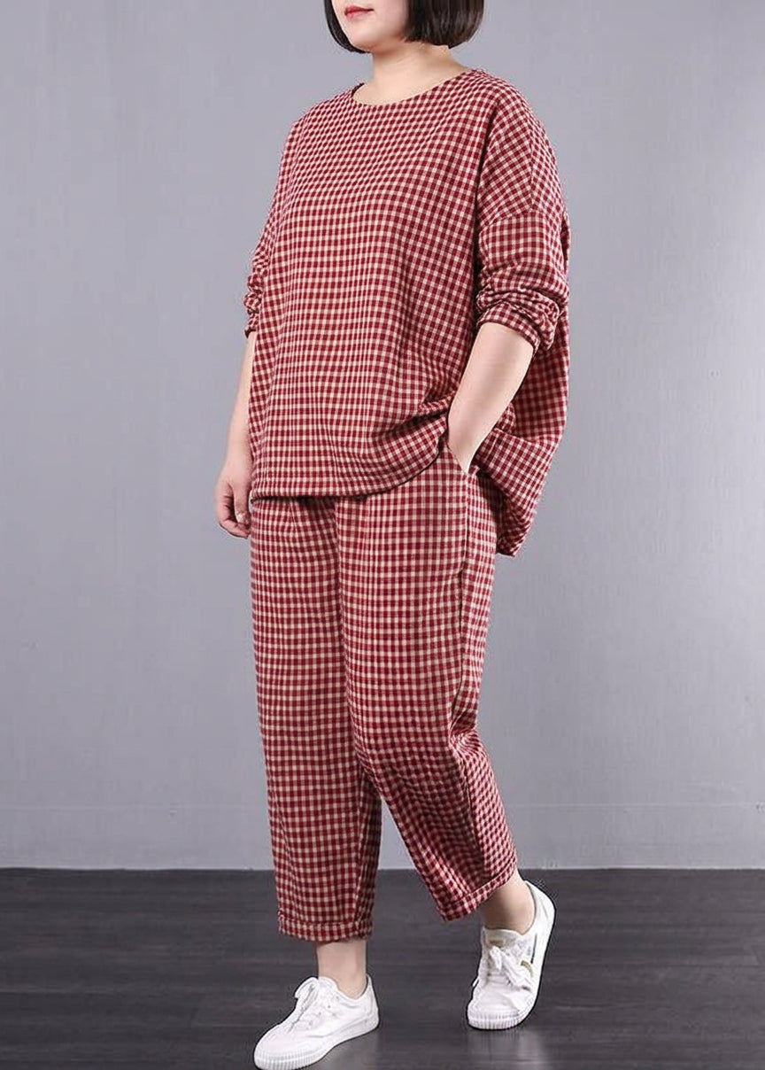 Elke - Casual Plus Size Cotton Linen red Plaid Vintage Blouse And Trousers