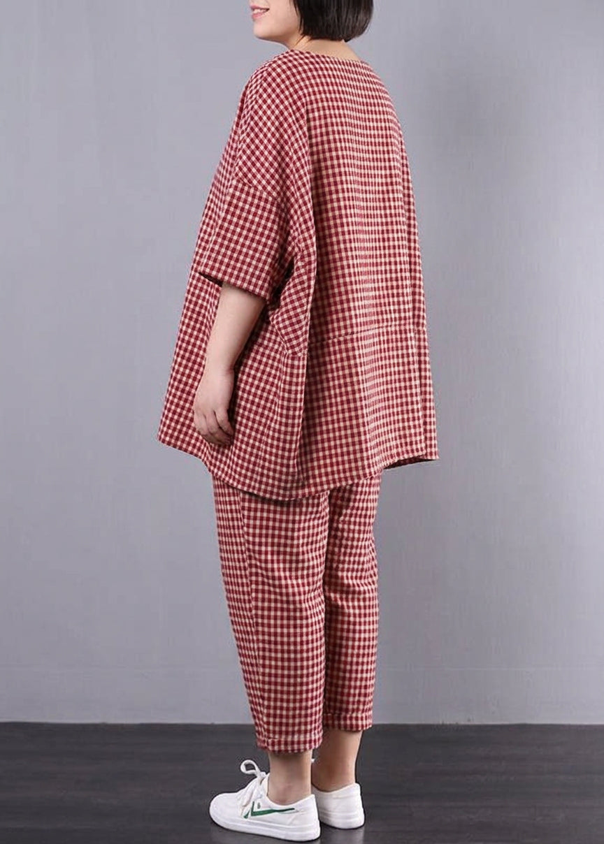 Elke - Casual Plus Size Cotton Linen red Plaid Vintage Blouse And Trousers