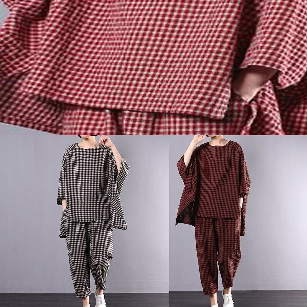 Elke - Casual Plus Size Cotton Linen red Plaid Vintage Blouse And Trousers