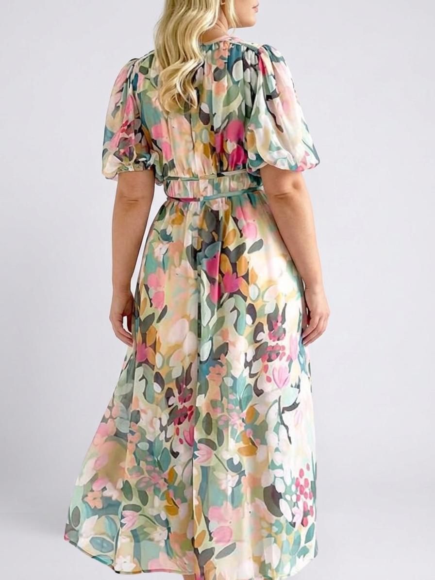Amara | V Neck Short Sleeve Gathered Waist Midi Dress