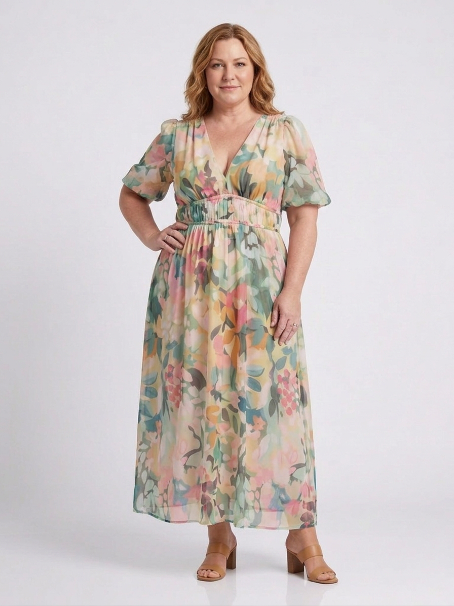 Amara | V Neck Short Sleeve Gathered Waist Midi Dress