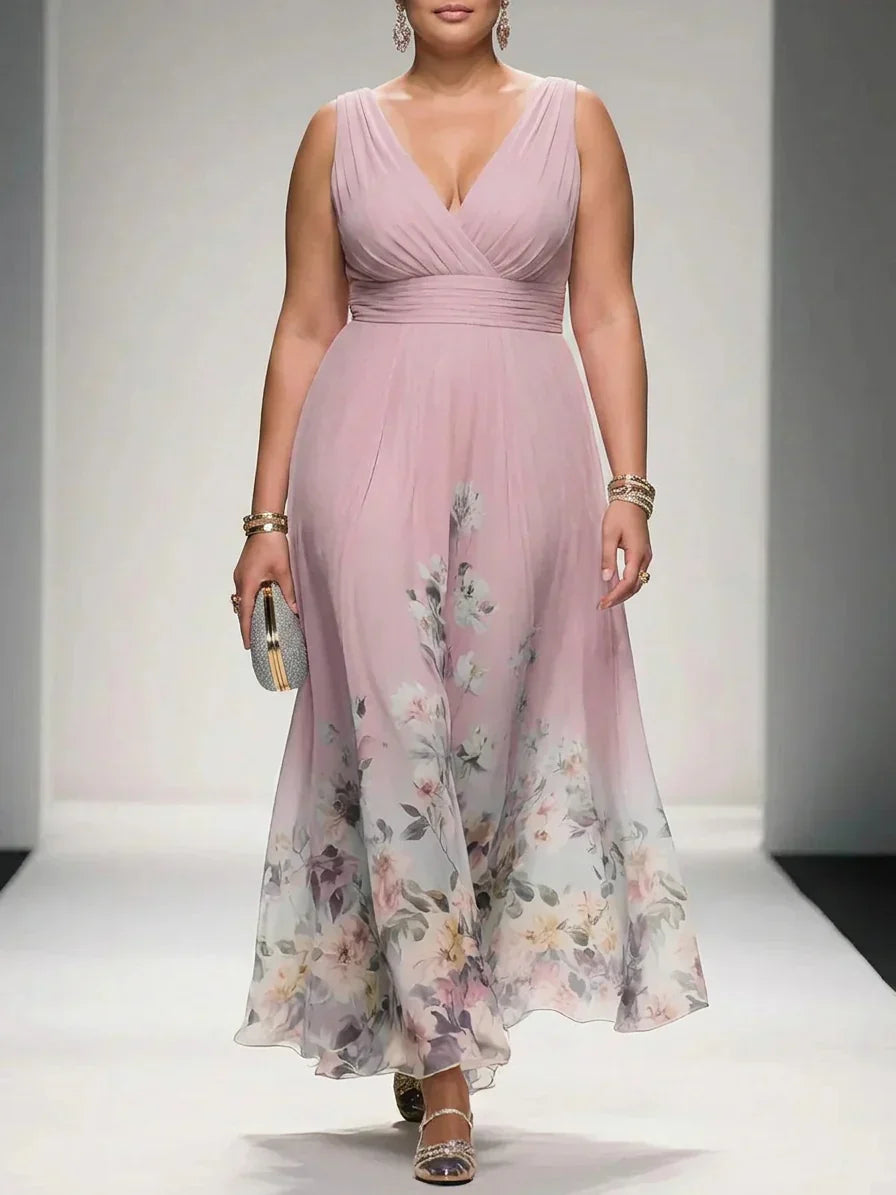 Salma | Light Blue Floral Chiffon V-Neck Maxi Dress