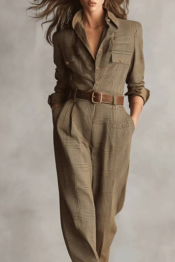 Ember - Brown Sophisticated Tweed Texture Plaid Utility Jumpsuit