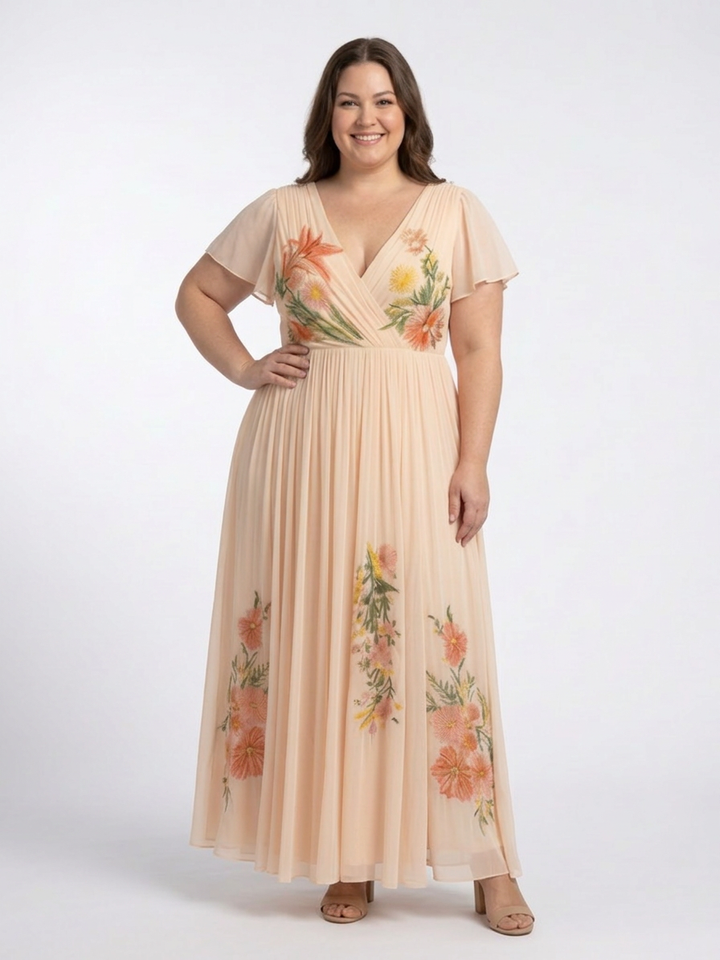 Cerys | V Neck Short Sleeve Pleated Floral Maxi Dress