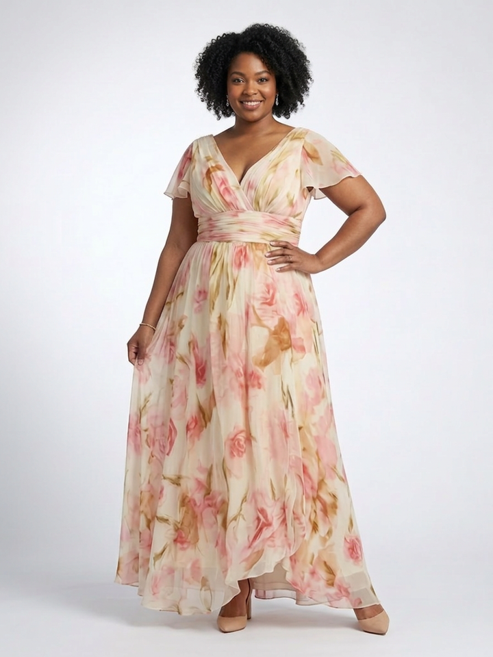 Leona | V Neck Short Sleeve Floral Maxi Dress