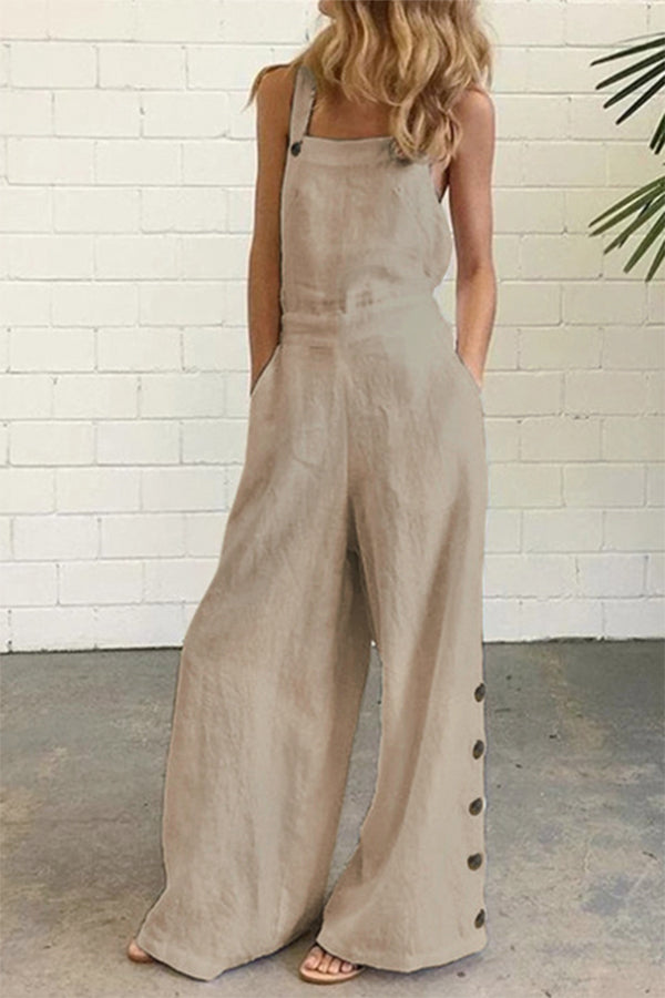 Hazel - Casual Solid Buckle Square Collar Regular Jumpsuits