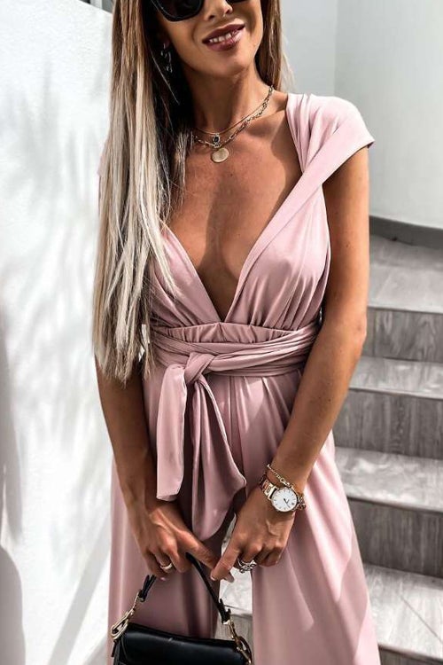 Edith - Solid Color Slim V Neck Lace Up Sleeveless Jumpsuit