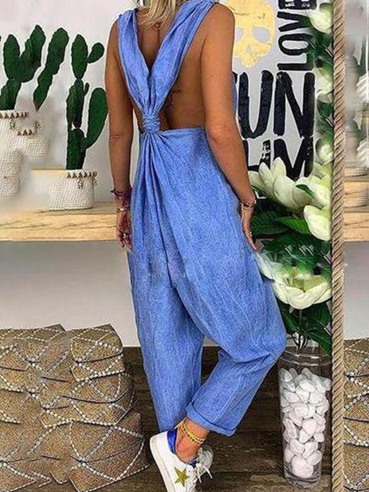 Bellamy - Solid Cross-back Cotton Linen Loose Jumpsuit