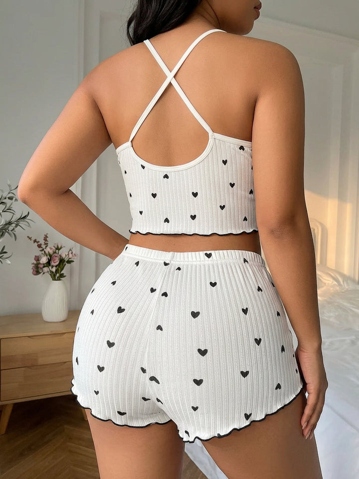Yara | Heart Print Ruffle Trim Pajama Set