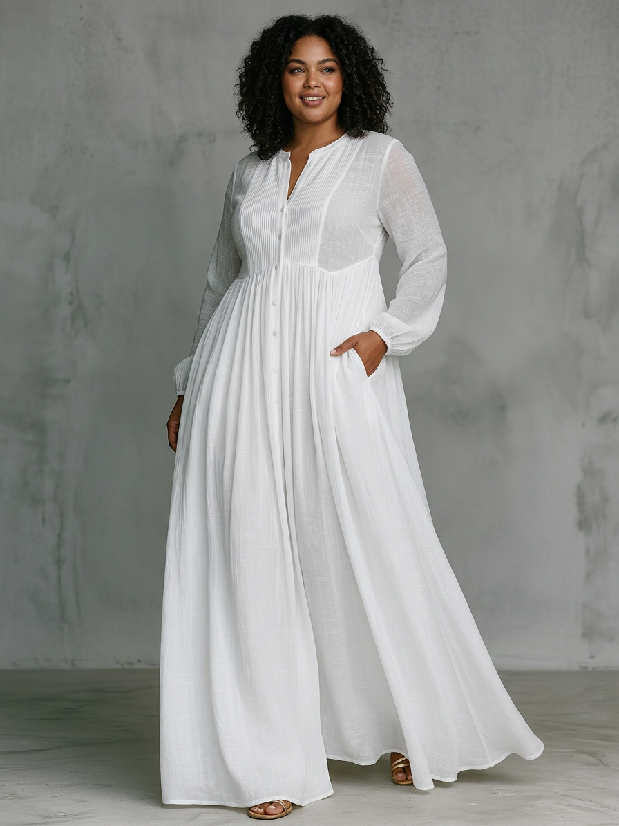 Vera - Maxi Minimalist Dress with Patchwork, High Collar and Long Sleeves