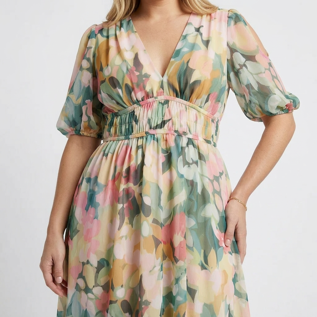 Amara | V Neck Short Sleeve Gathered Waist Midi Dress