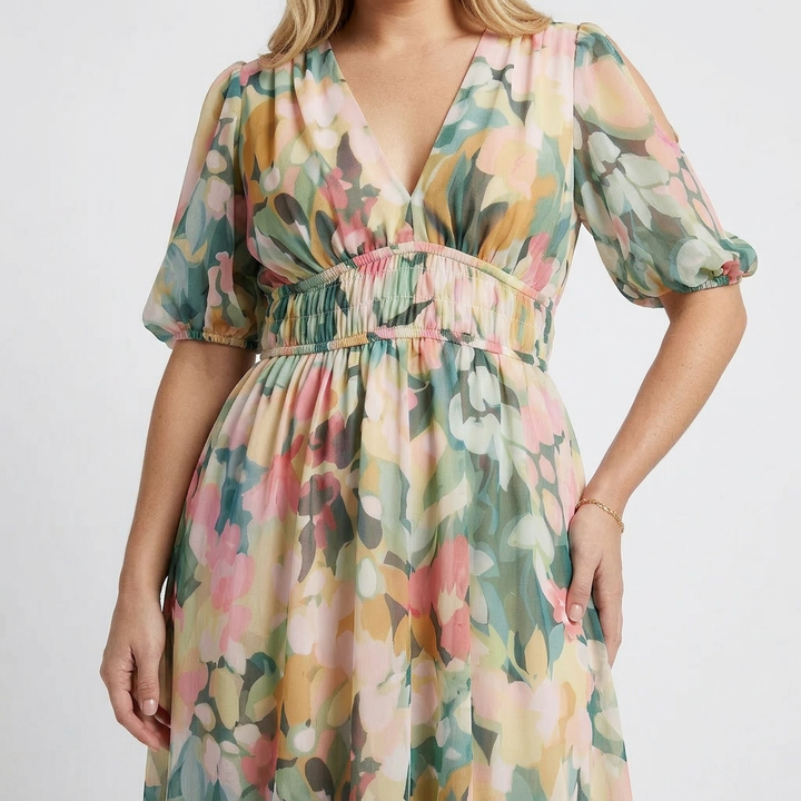 Amara | V Neck Short Sleeve Gathered Waist Midi Dress