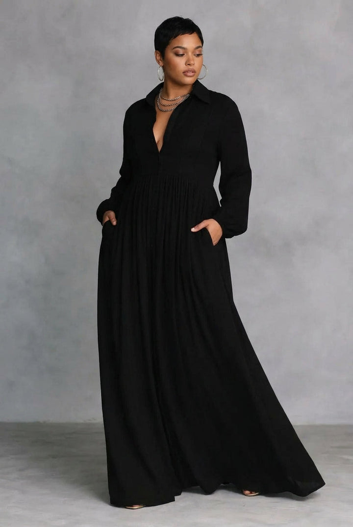 Hedda | Black Flowing Button-Front Maxi Dress