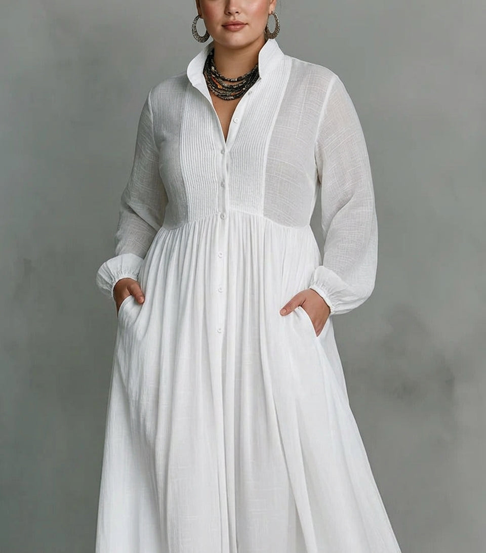 Sunniva | White Flowing Button-Front Maxi Dress