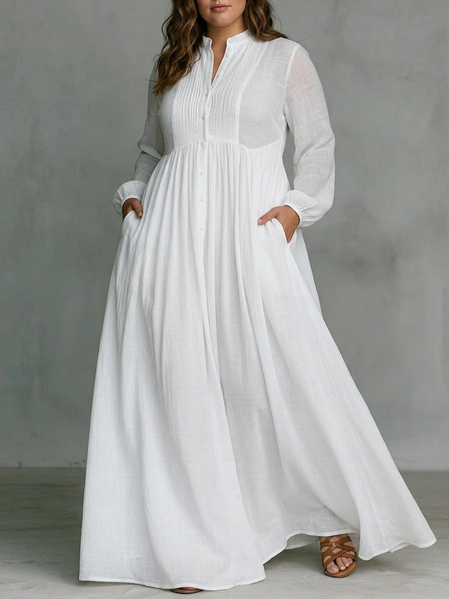 Sunniva | White Flowing Button-Front Maxi Dress