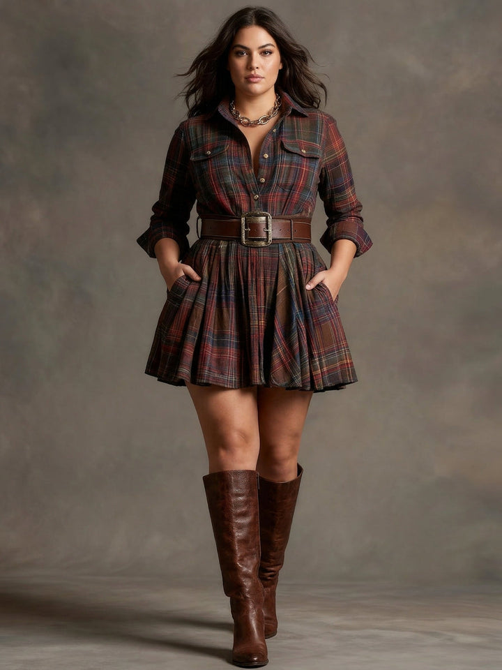 Vintage Red and Brown Checked Mini Dress (Includes Belt)