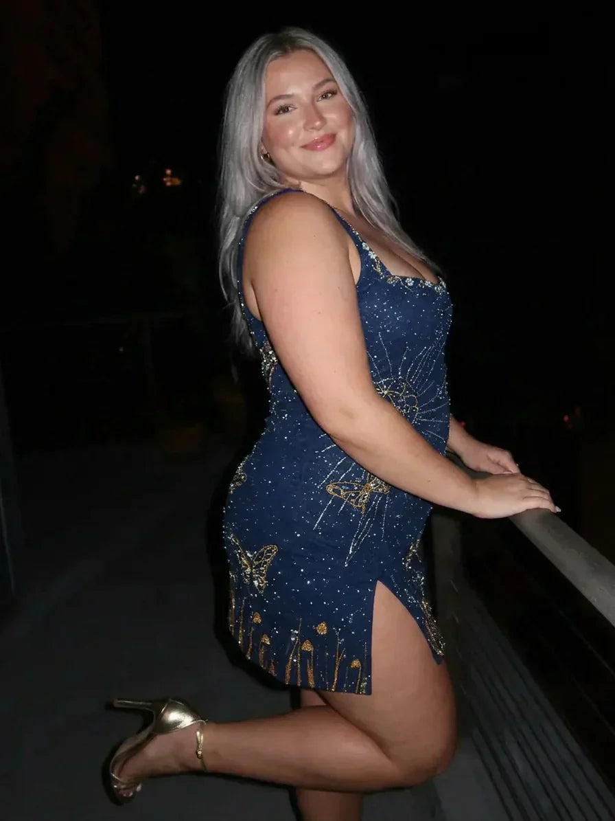 Eira – Midnight Blue Beaded Mini Dress