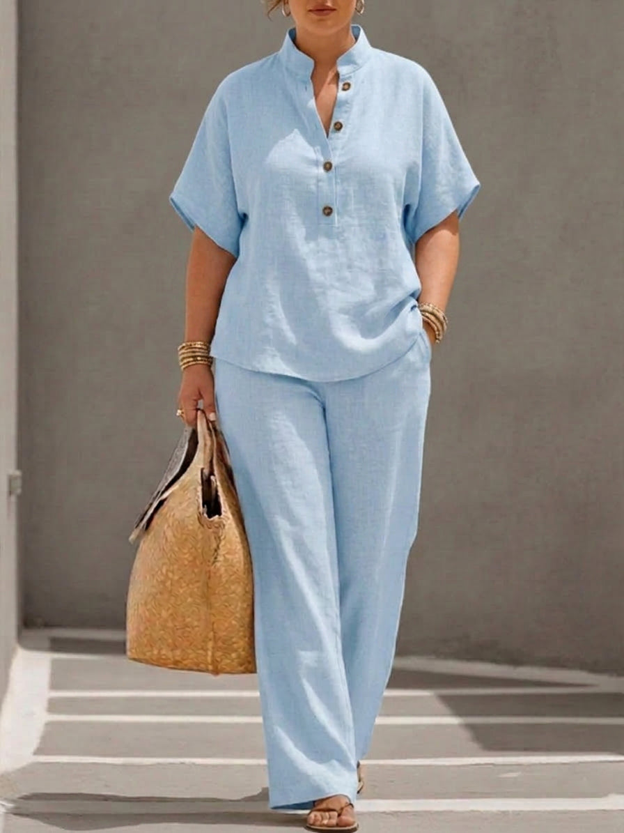 Wanda | Co-ord Set Two-Piece Linen-Effect With Batwing Sleeves &amp; Trousers Flowing