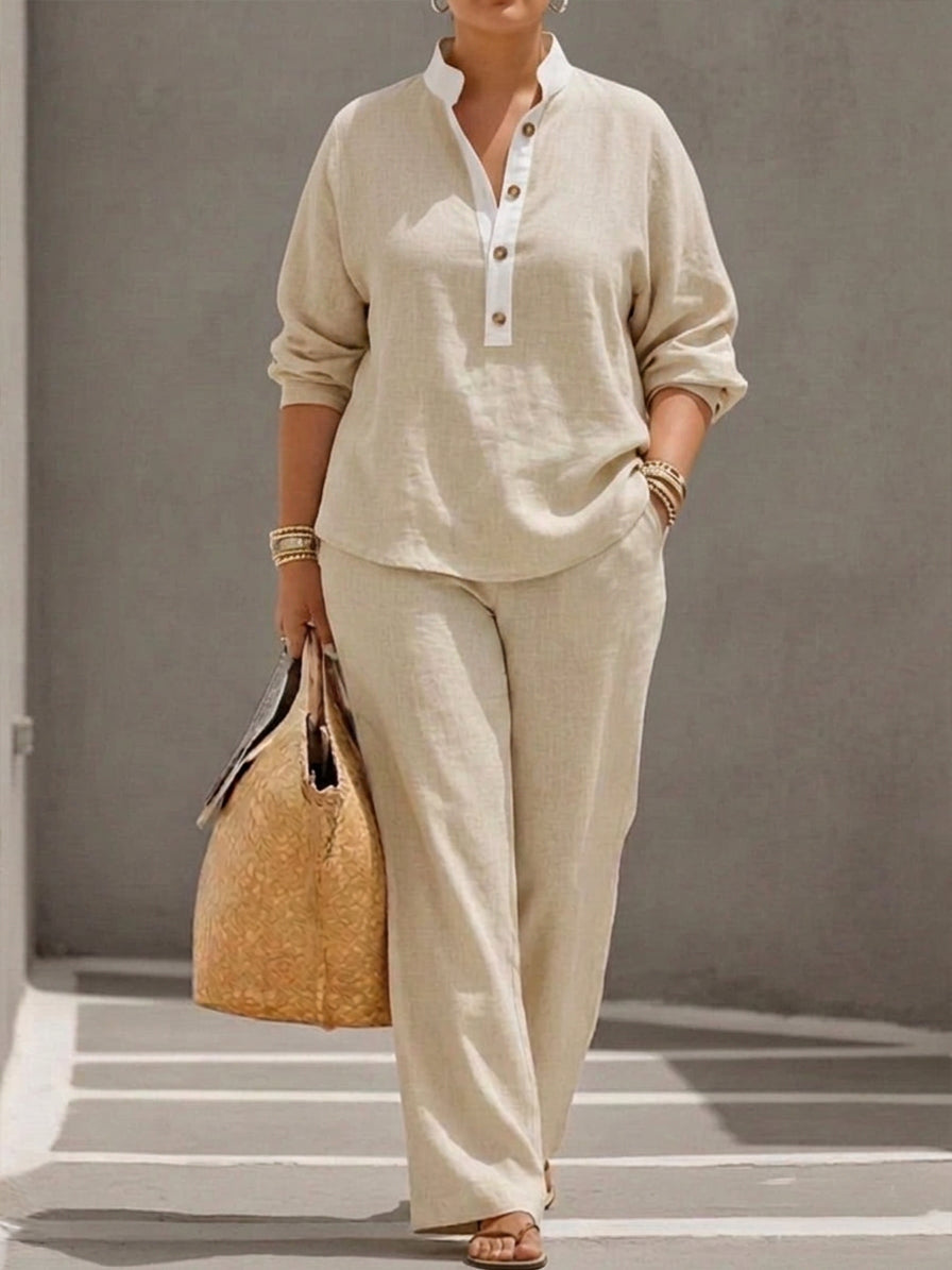 Wanda | Co-ord Set Two-Piece Linen-Effect With Batwing Sleeves &amp; Trousers Flowing