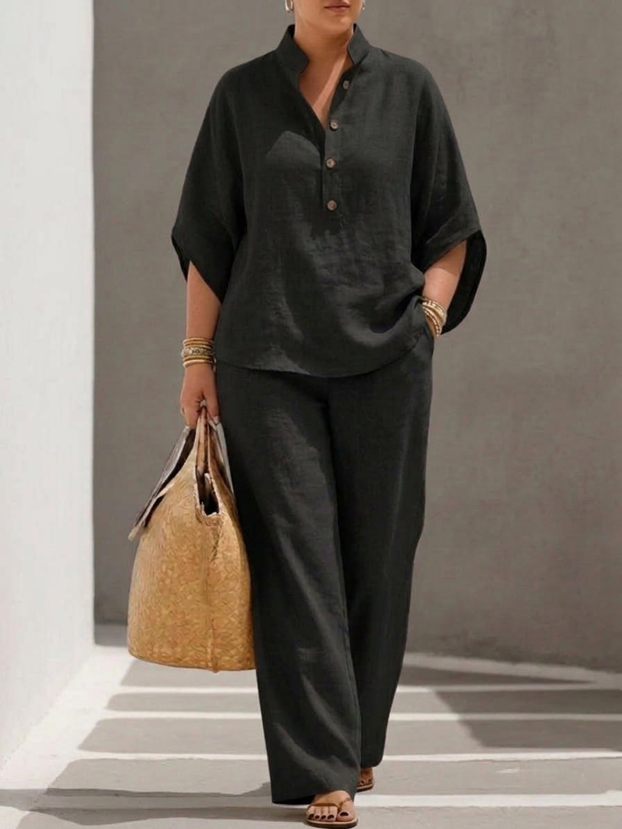 Wanda | Co-ord Set Two-Piece Linen-Effect With Batwing Sleeves &amp; Trousers Flowing