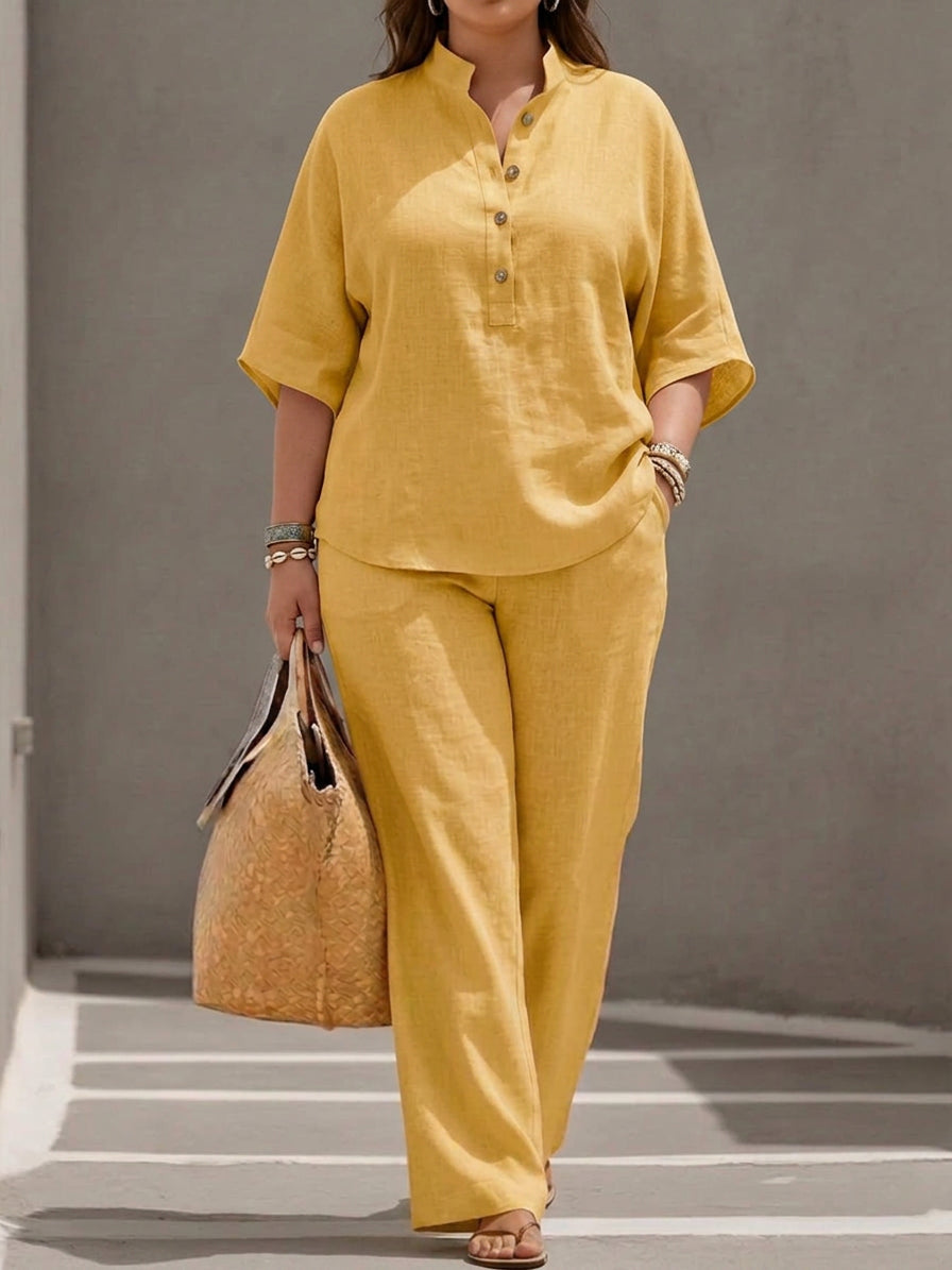 Wanda | Co-ord Set Two-Piece Linen-Effect With Batwing Sleeves &amp; Trousers Flowing