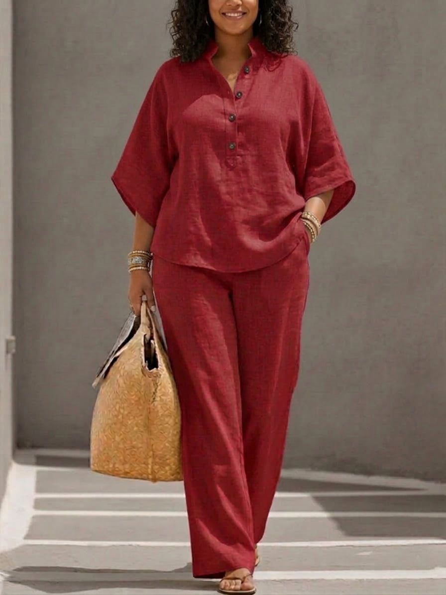 Wanda | Co-ord Set Two-Piece Linen-Effect With Batwing Sleeves &amp; Trousers Flowing