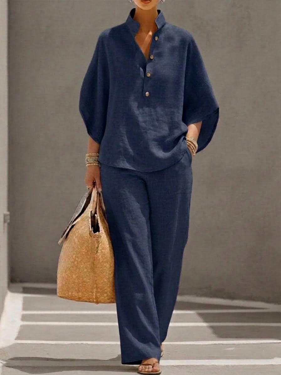 Wanda | Co-ord Set Two-Piece Linen-Effect With Batwing Sleeves &amp; Trousers Flowing