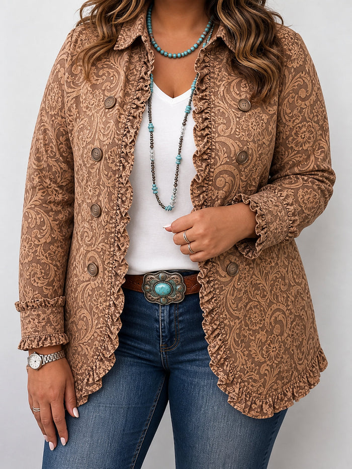 Women's Floral Print Jacket with Ruffled Trim