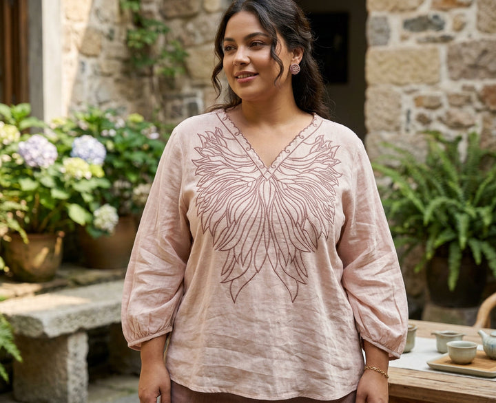 Alba - Stylish Pure Cotton V-Neck Embellished Embroidered Top