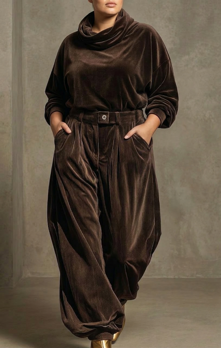 Vintage brown velvet hoodie and loose Trousers set (Includes belt)