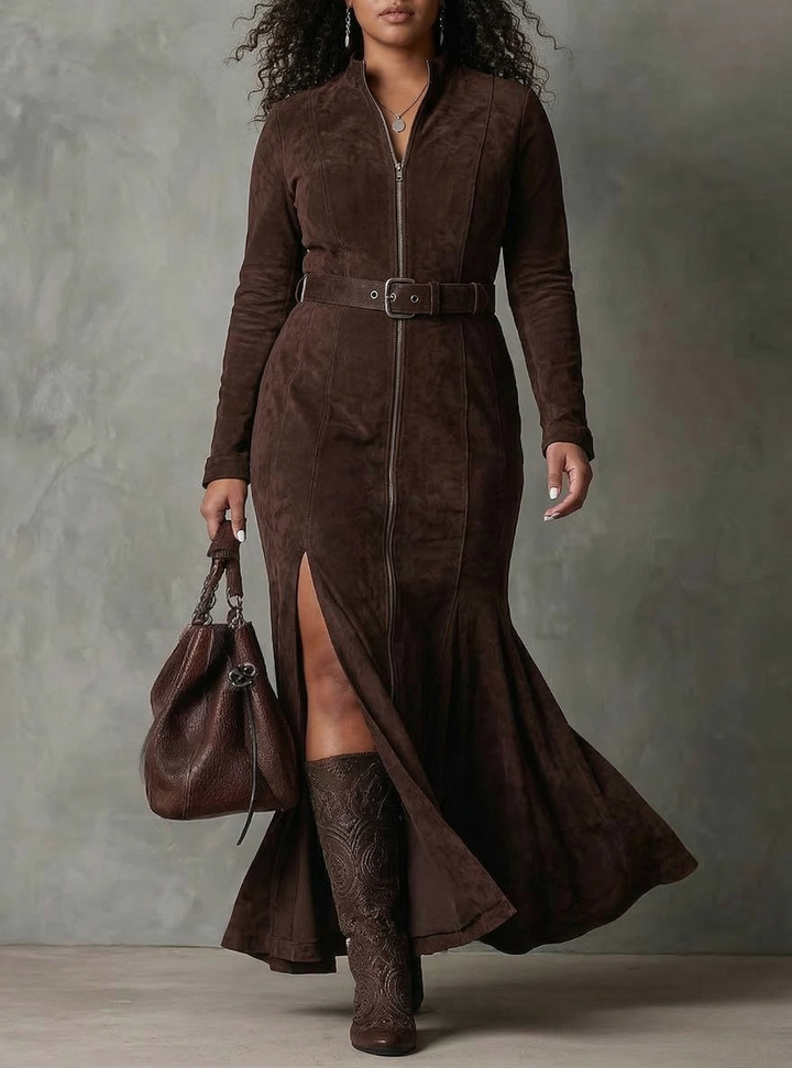 Cosima | Suede Dress with Belt and Zipper
