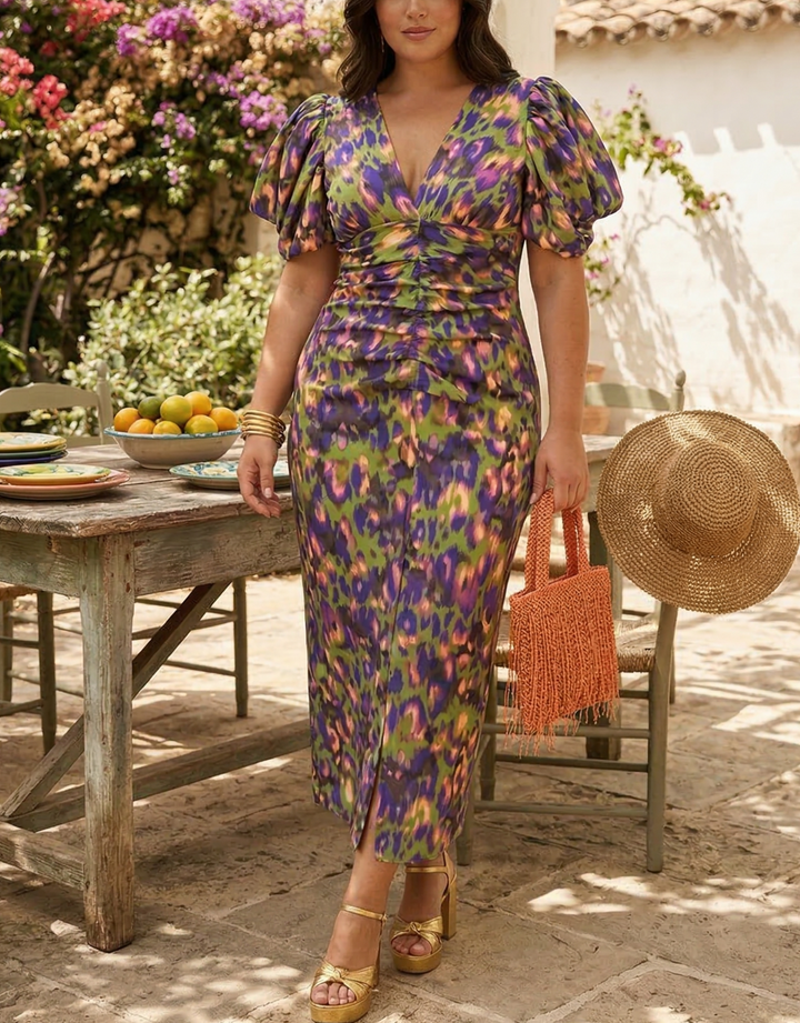 Maren - Vibrant Midi Dress with Puff Sleeves