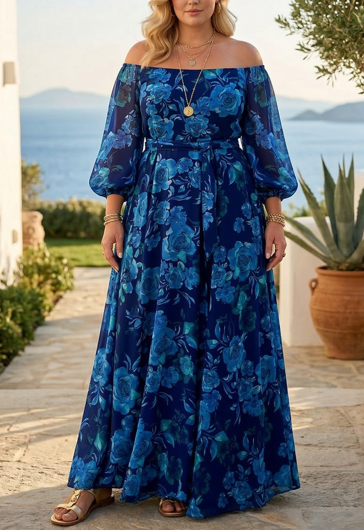 Colette - Long dress with Floral pattern and off-the-shoulder sleeves