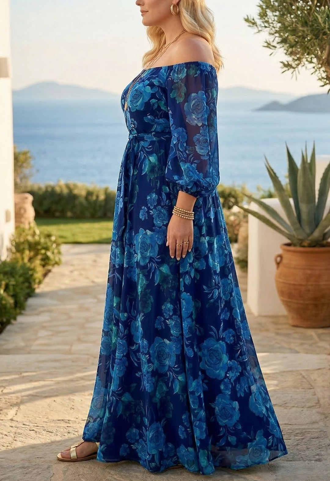Aisha - Long dress with floral print and off-the-shoulder sleeves