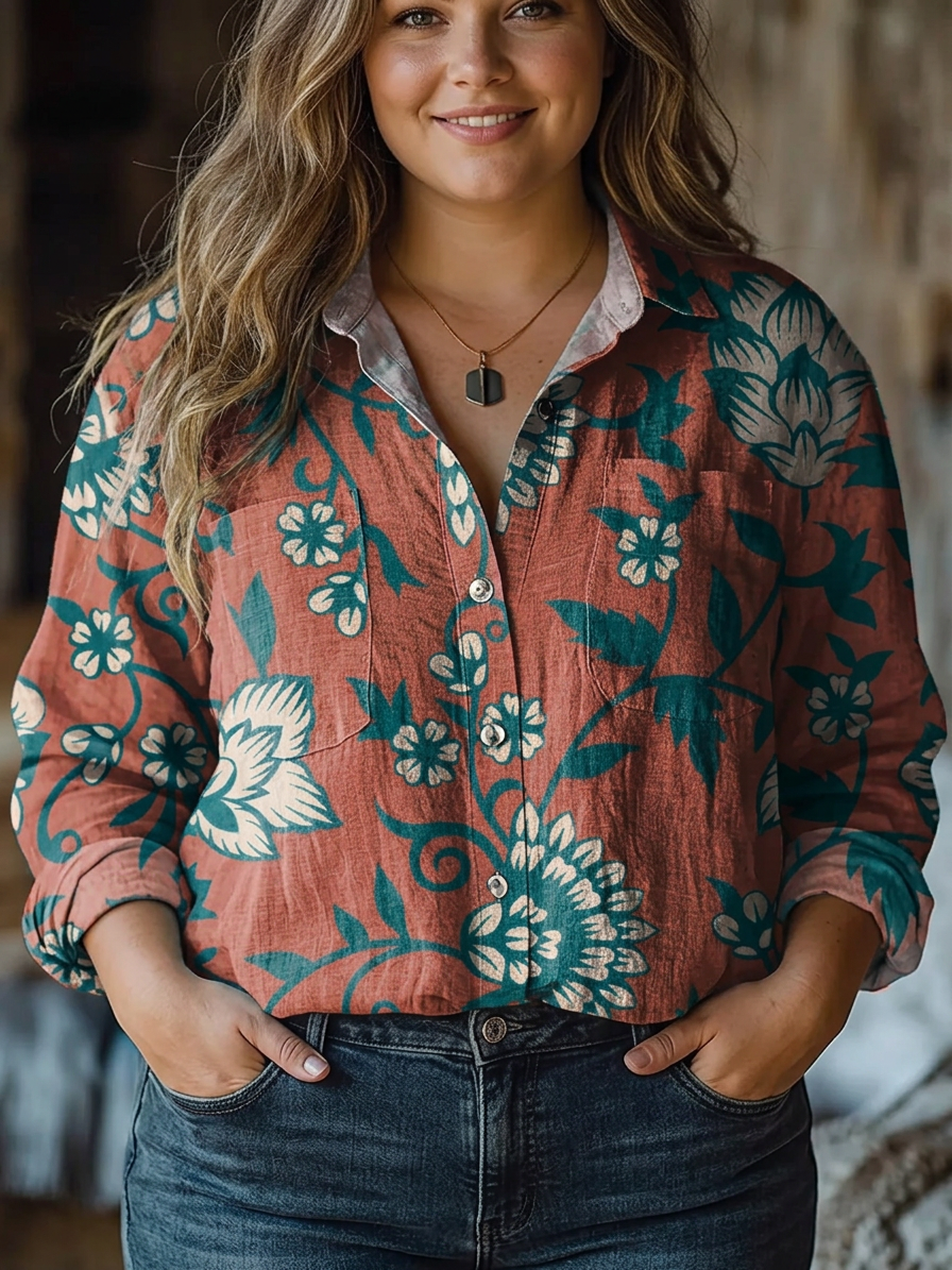 Noa | Retro Red Flowers Print Casual Long Sleeve