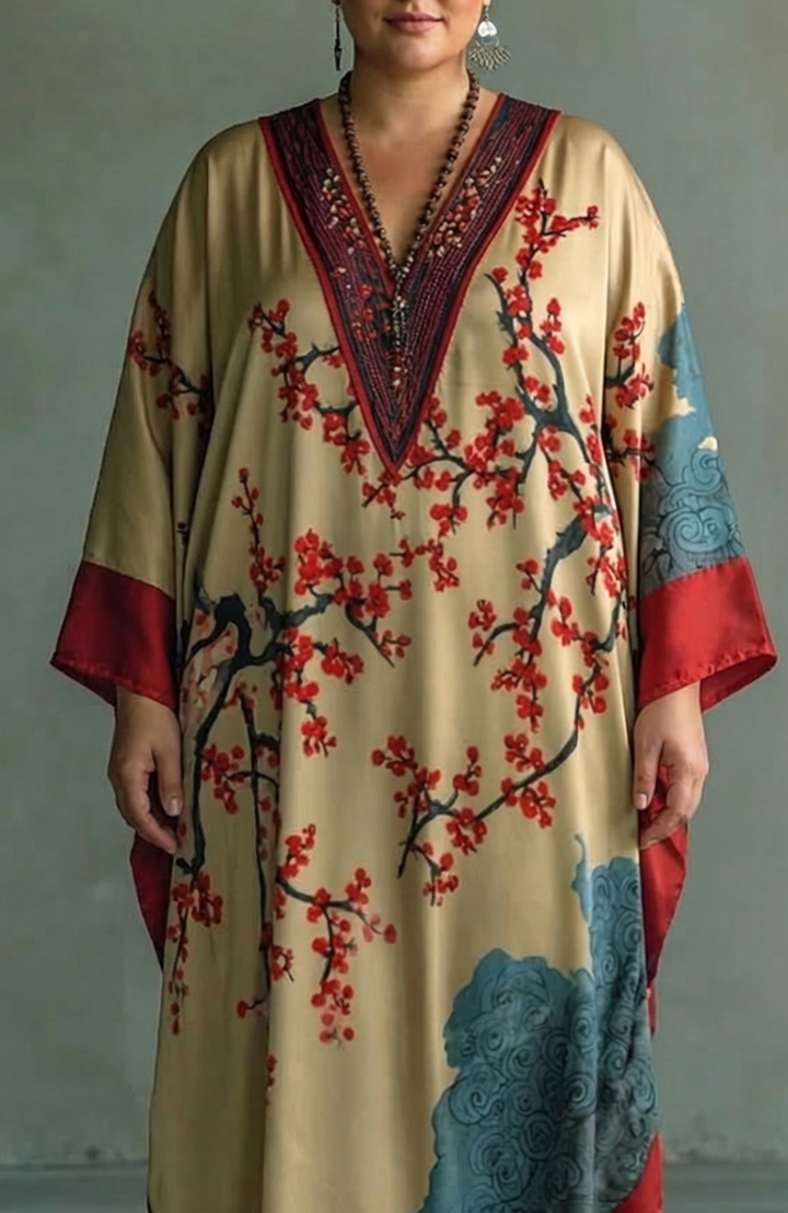 Nadia | Japanese Red Plum Blossom Maxi Dress with Batwing Sleeves and Print