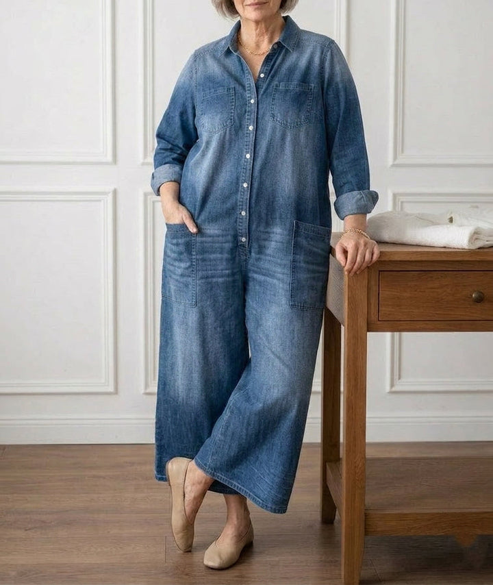 Pearl | Vintage Washed Soft Cotton Denim Jumpsuit with Button Closure